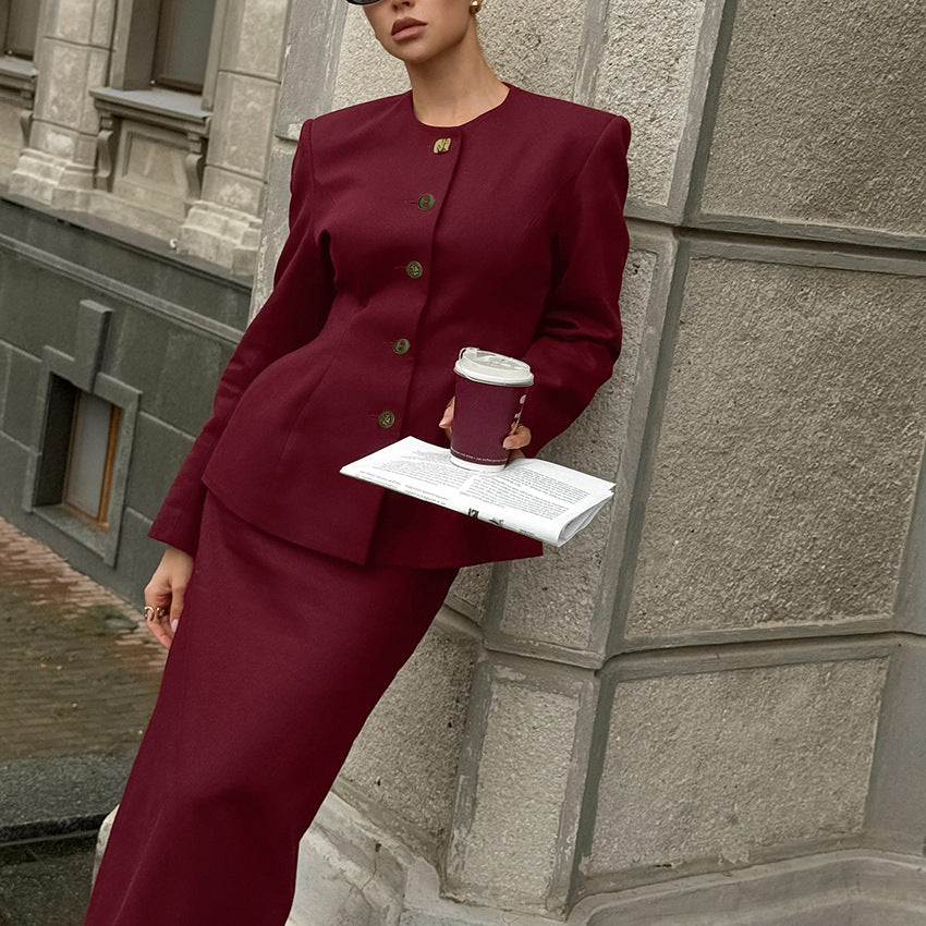 Red round Neck Long Sleeve Waist Blazer Split Skirt Two Piece Set