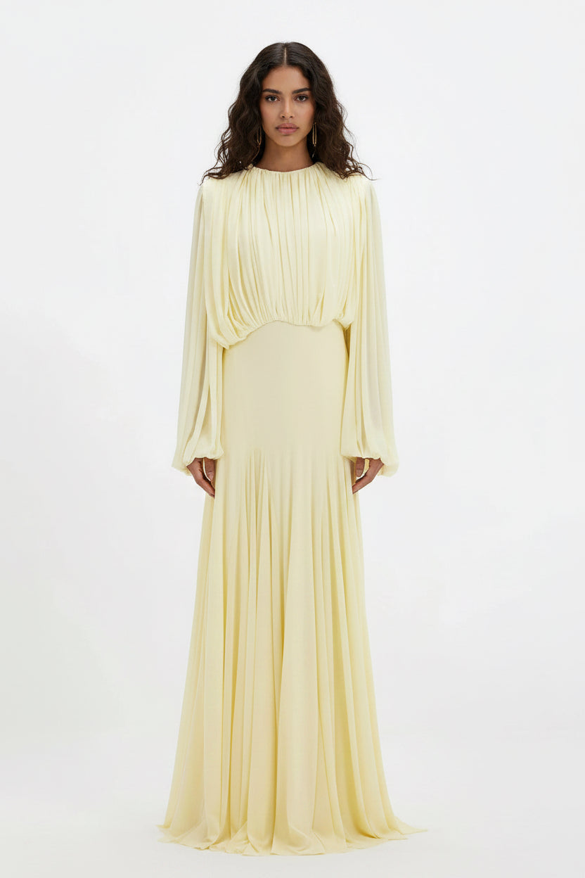 round Neck High Grade Pleated Patchwork Waist Slimming Maxi Dress