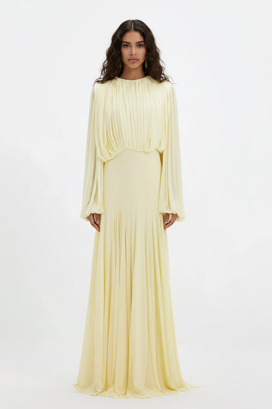 round Neck High Grade Pleated Patchwork Waist Slimming Maxi Dress