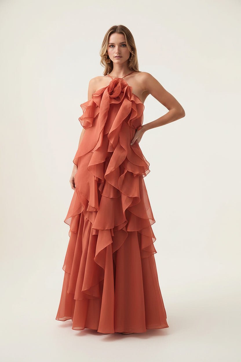 Patchwork Ruffled Maxi Dress Early Spring Halter Backless Maxi Dress