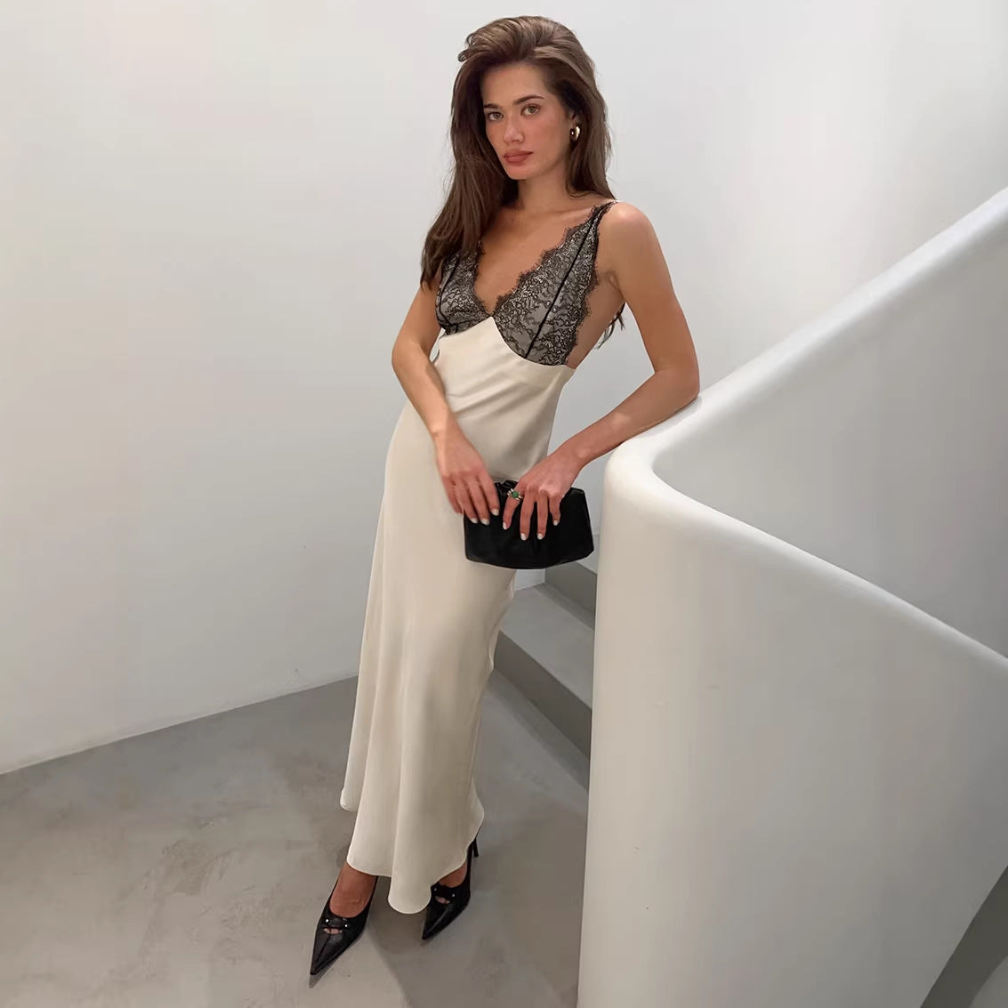 V neck Lace Stitching Satin Dress Slim Fit Maxi Dress