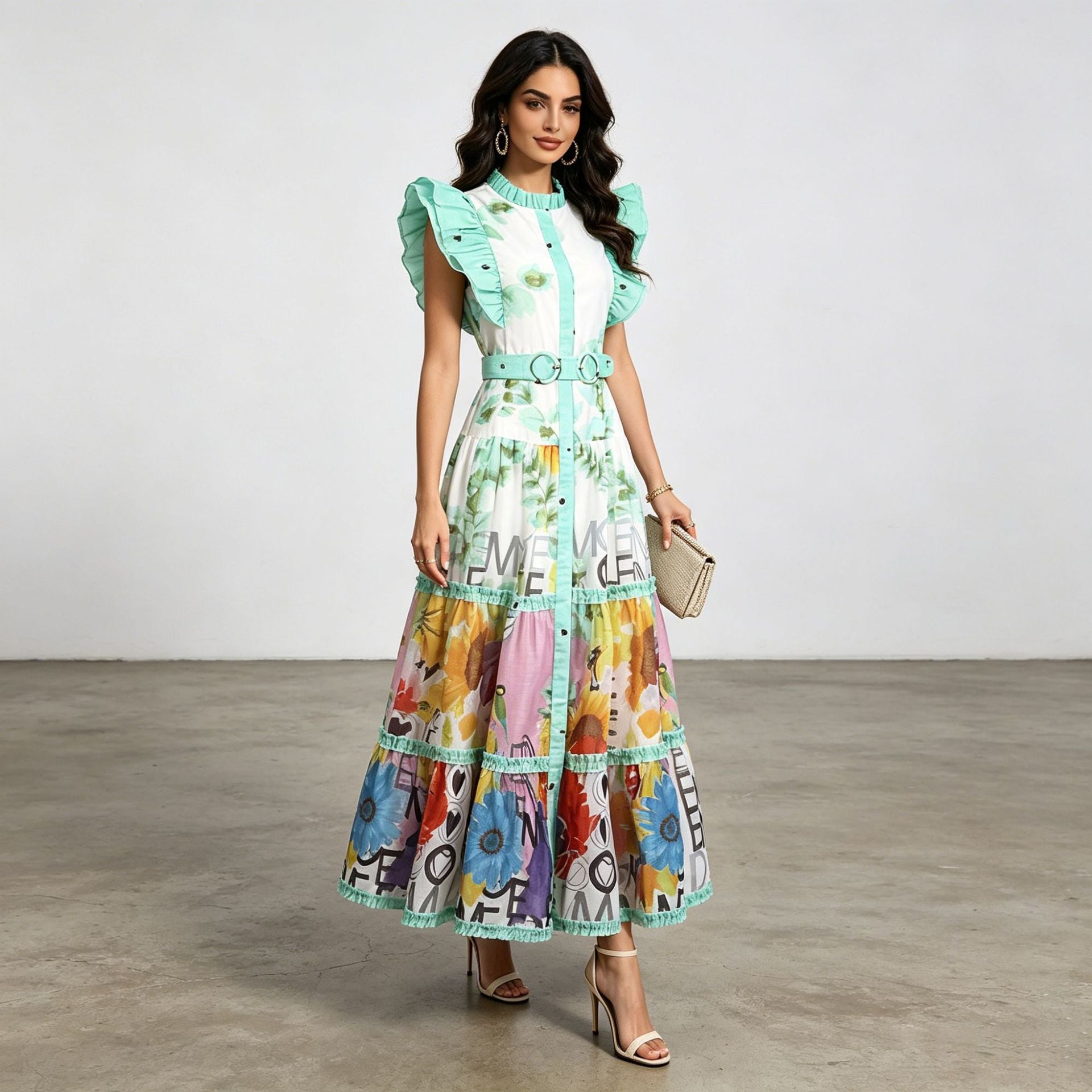 Printed Dress Summer Stand Collar Ruffle Feifei Long Loose Dress