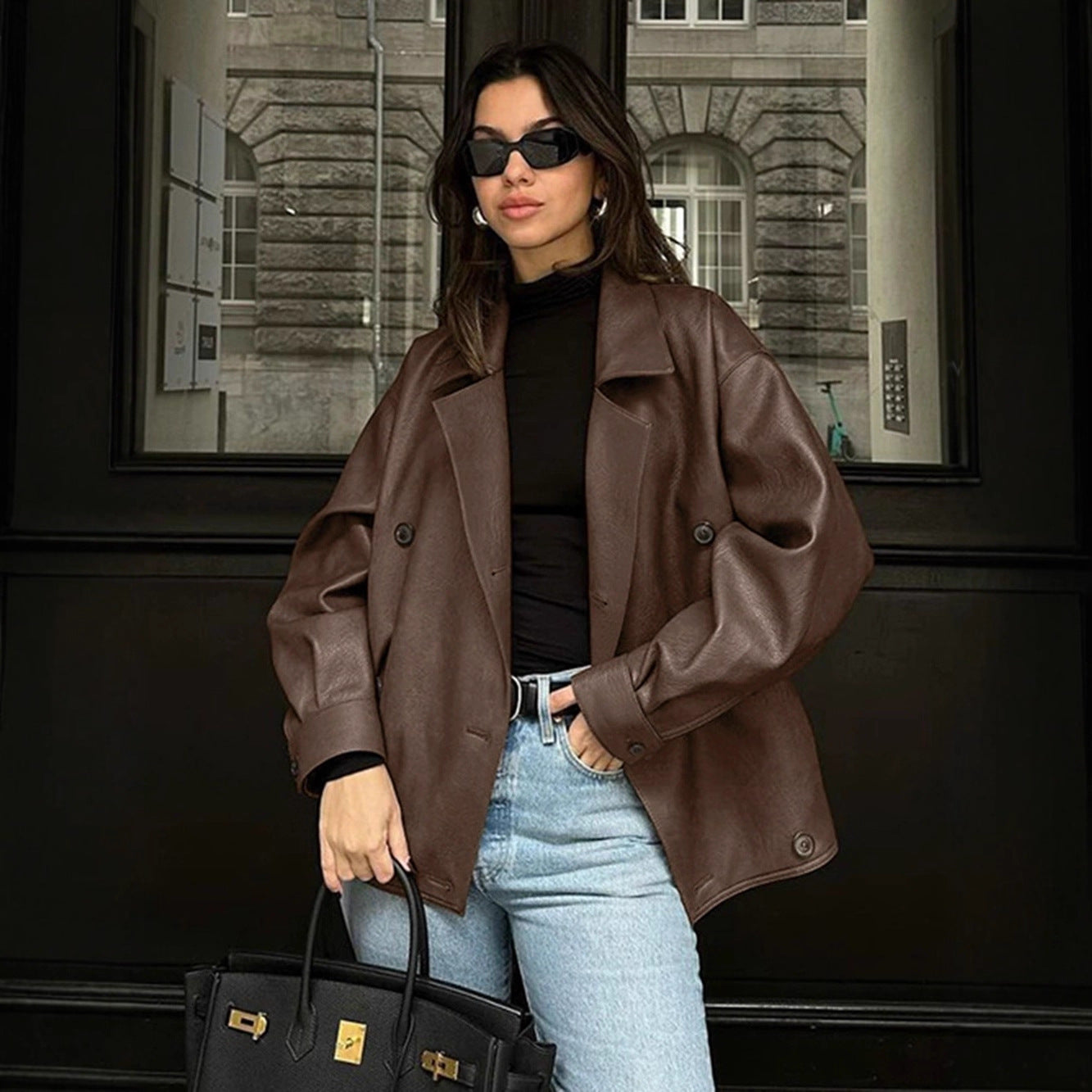 Retro Brown Leather Loose Collar Leather Jacket Coat Mid Length