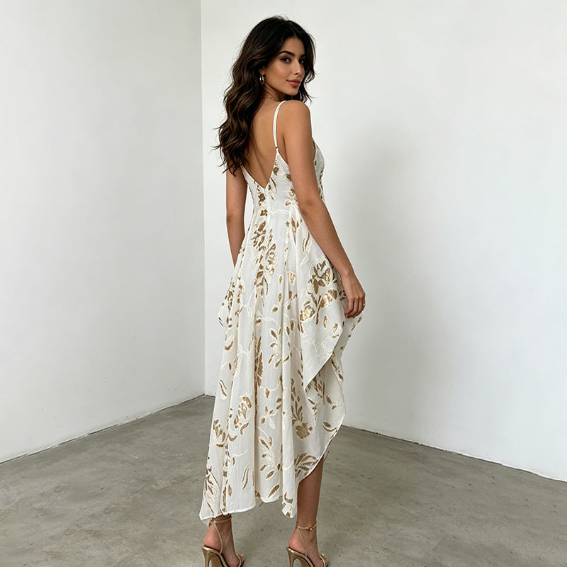 Sleeveless Deep V Plunge neck Strap Cinched Peplum Profile Dress for