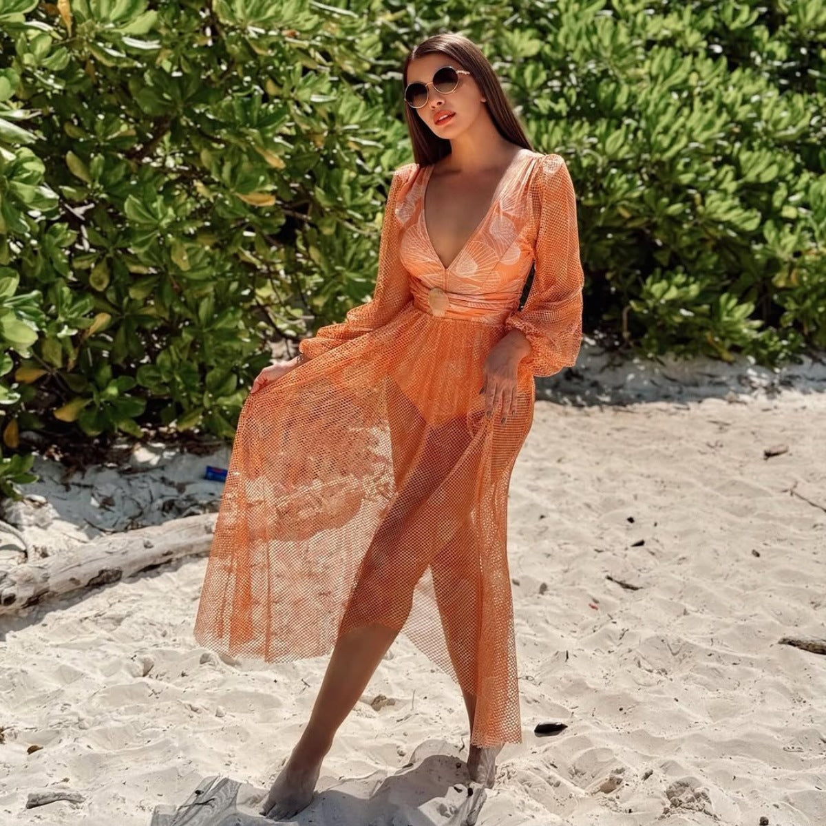 V neck Mesh Long Sleeve One Piece Swimsuit Two Piece Set