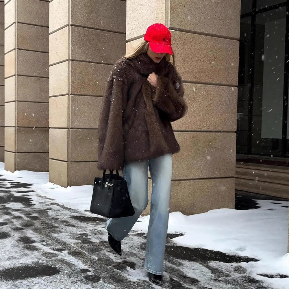 Faux Fur Coat Collared Warm Faux Fur Coat
