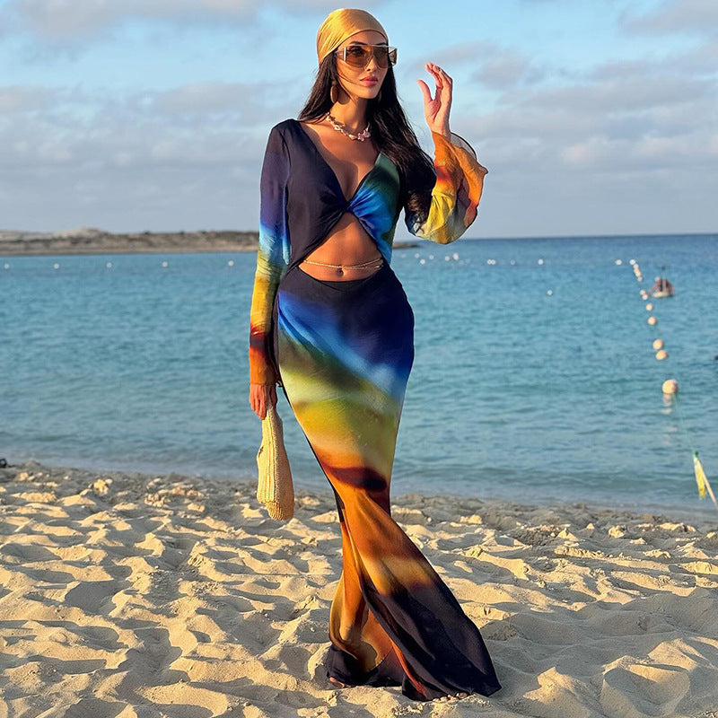 Printed Mesh Long Sleeve Bare Back Tied Slim Fit Dress