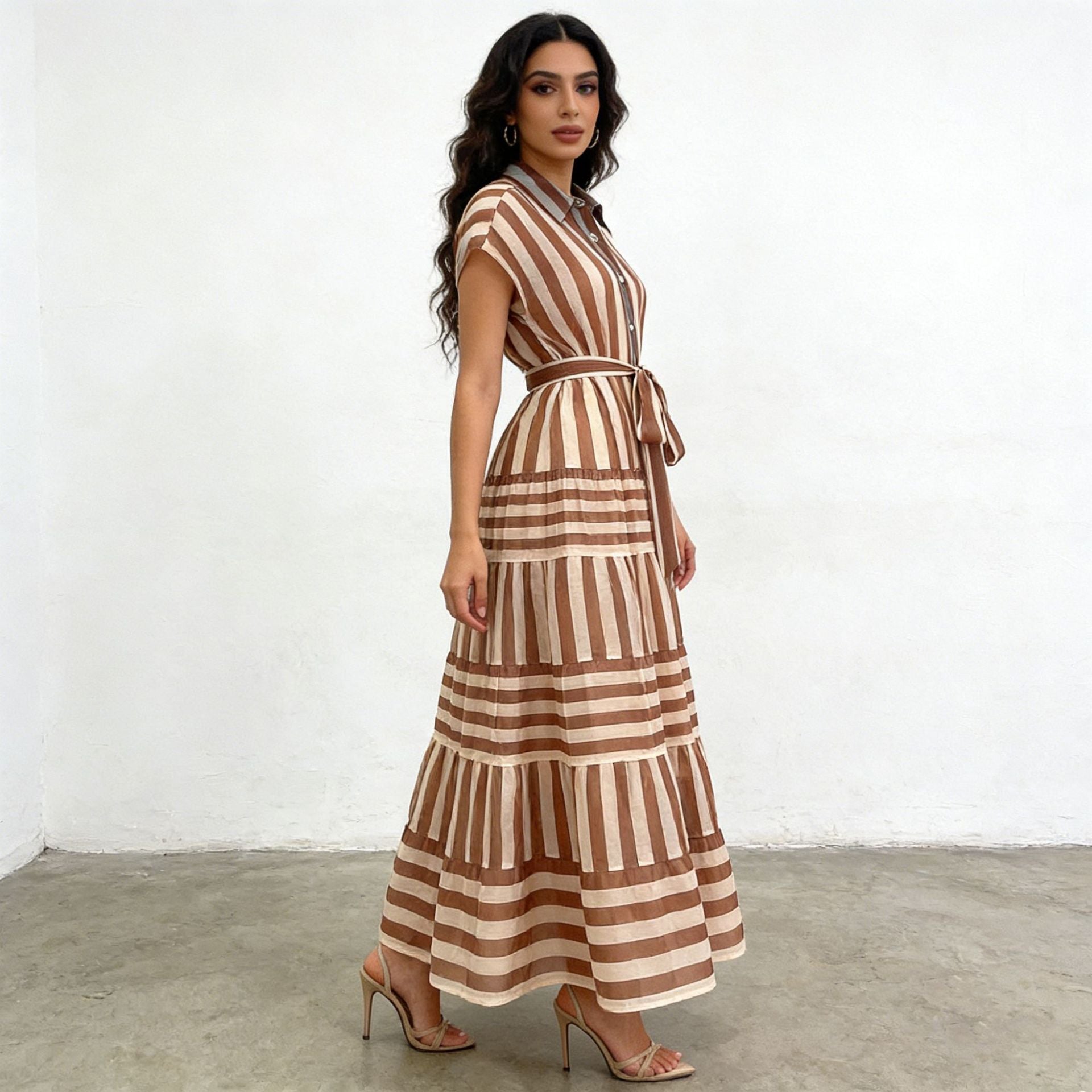Vintage Vertical Striped  Polo Collar Single Breasted Lace up Waist Dress