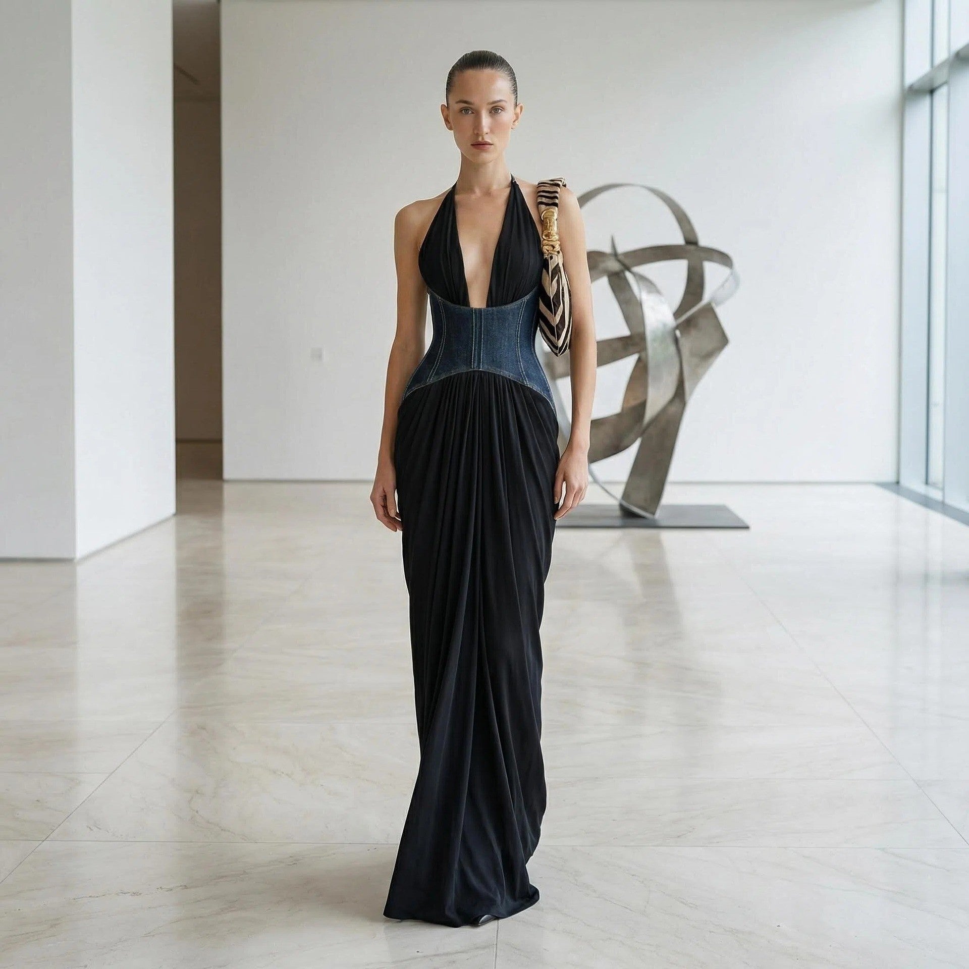 Halter Deep V Plunge Black Dress Denim Drawstring Slim Fit Maxi Drape Party Dress