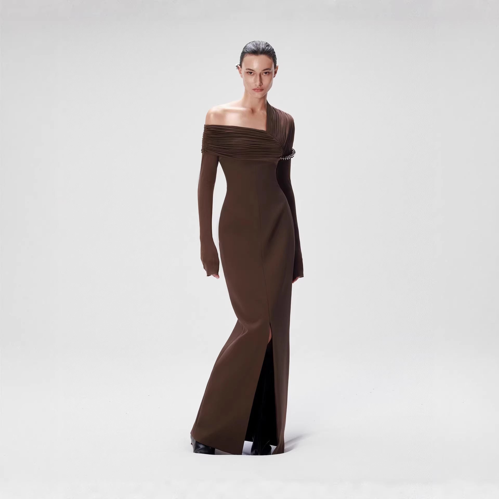 Spring Dark Brown One Shoulder Dress Pleated High Slit Maxi Dress the Dinner Party Host