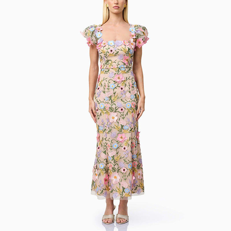 French Romantic Embroidered Square Collar Floral Slim Fit Maxi Dress