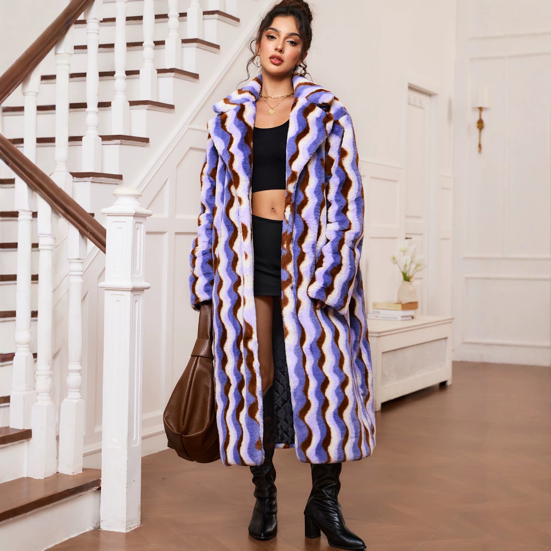 Faux Fur Warm Thickening Print Plush Long Cut Coat