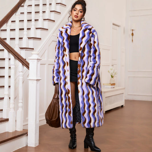 Faux Fur Warm Thickening Print Plush Long Cut Coat