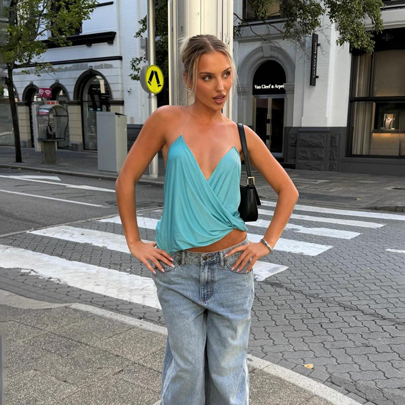 Slim Solid Color V neck Brace Sleeveless Backless Trendy T shirt