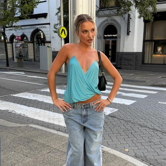 Slim Solid Color V neck Brace Sleeveless Backless Trendy T shirt