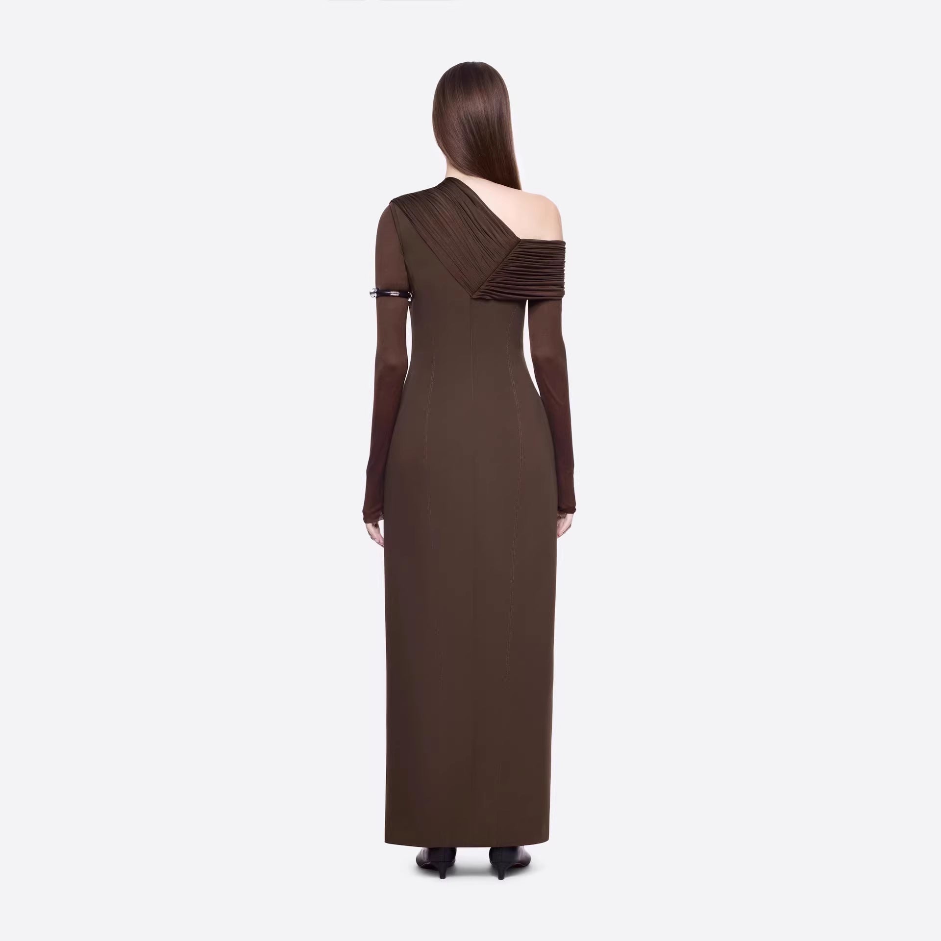 Spring Dark Brown One Shoulder Dress Pleated High Slit Maxi Dress the Dinner Party Host