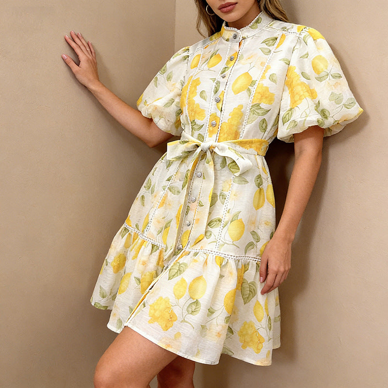 French Collar Single Breasted Puff Sleeve Lace up Cinched Short Dress