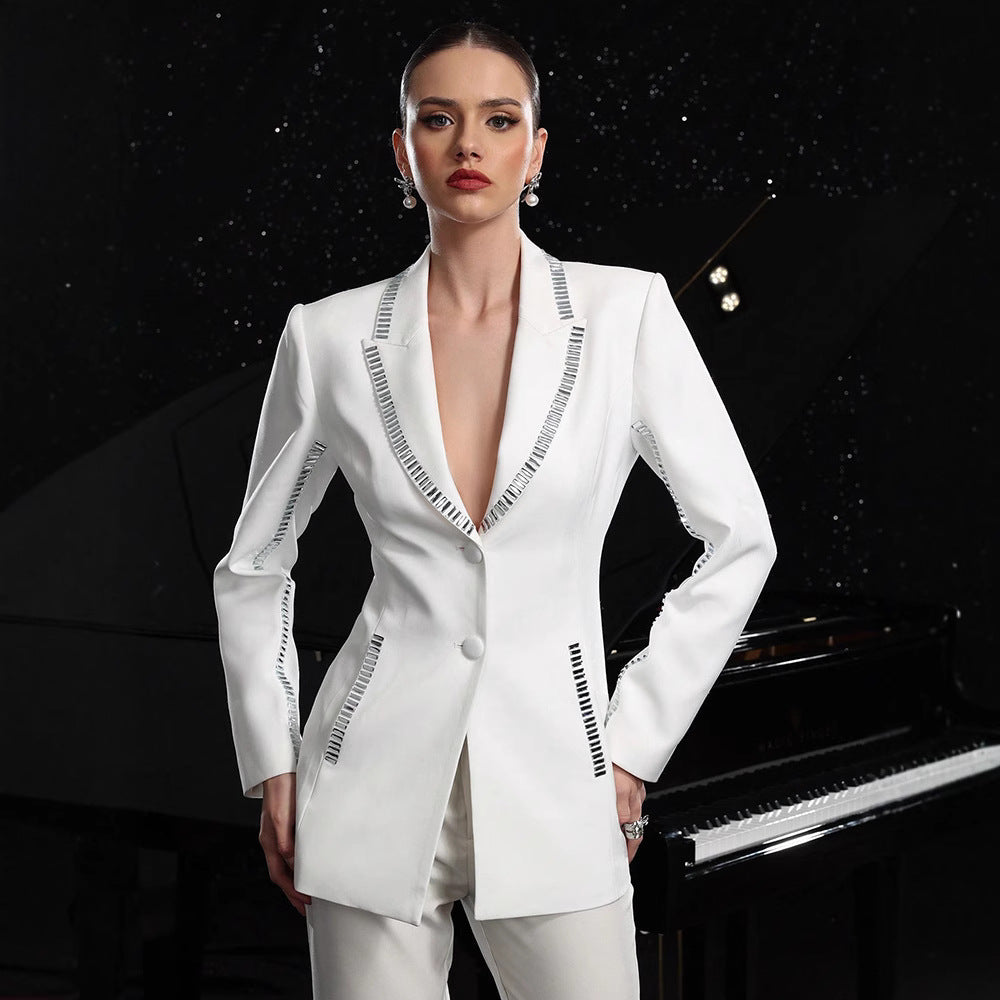 Slim Fitting Patchwork Rhinestone Collared Blazers