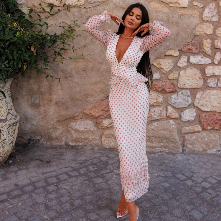 V neck Long Sleeve Waist-Controlled Top Printed Two Piece Skirt Set