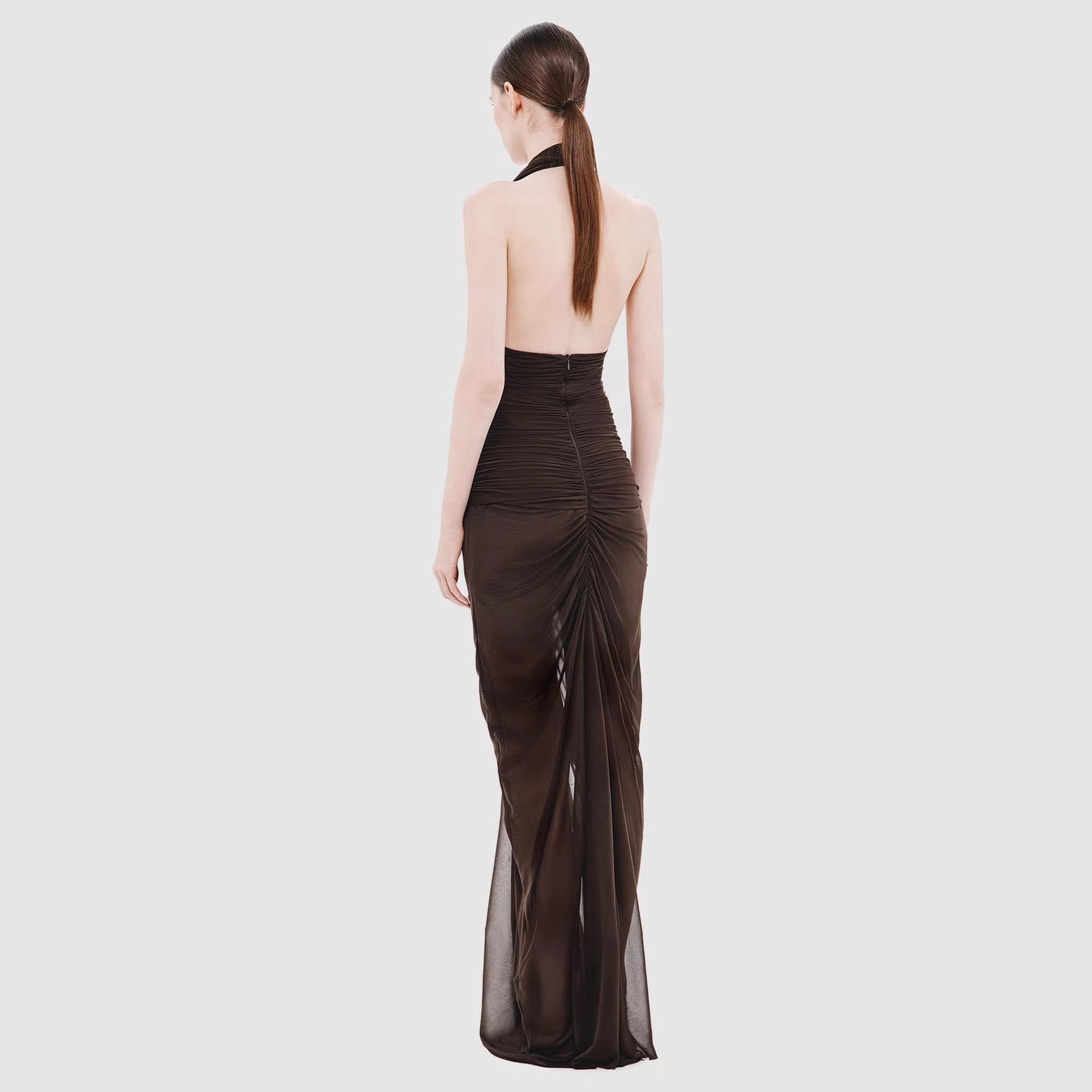 Women Clothing Sexy V neck Slim Fit Pleated Hip Backless Halter Dress