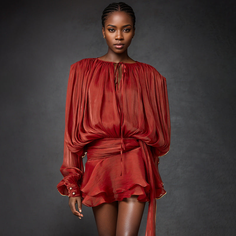 Puff Sleeve Lotus Leaf dress Early Spring Pleated Design Short Mesh Dress Women