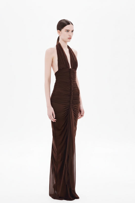 V neck Slim Fit Pleated Hip Backless Halter Dress