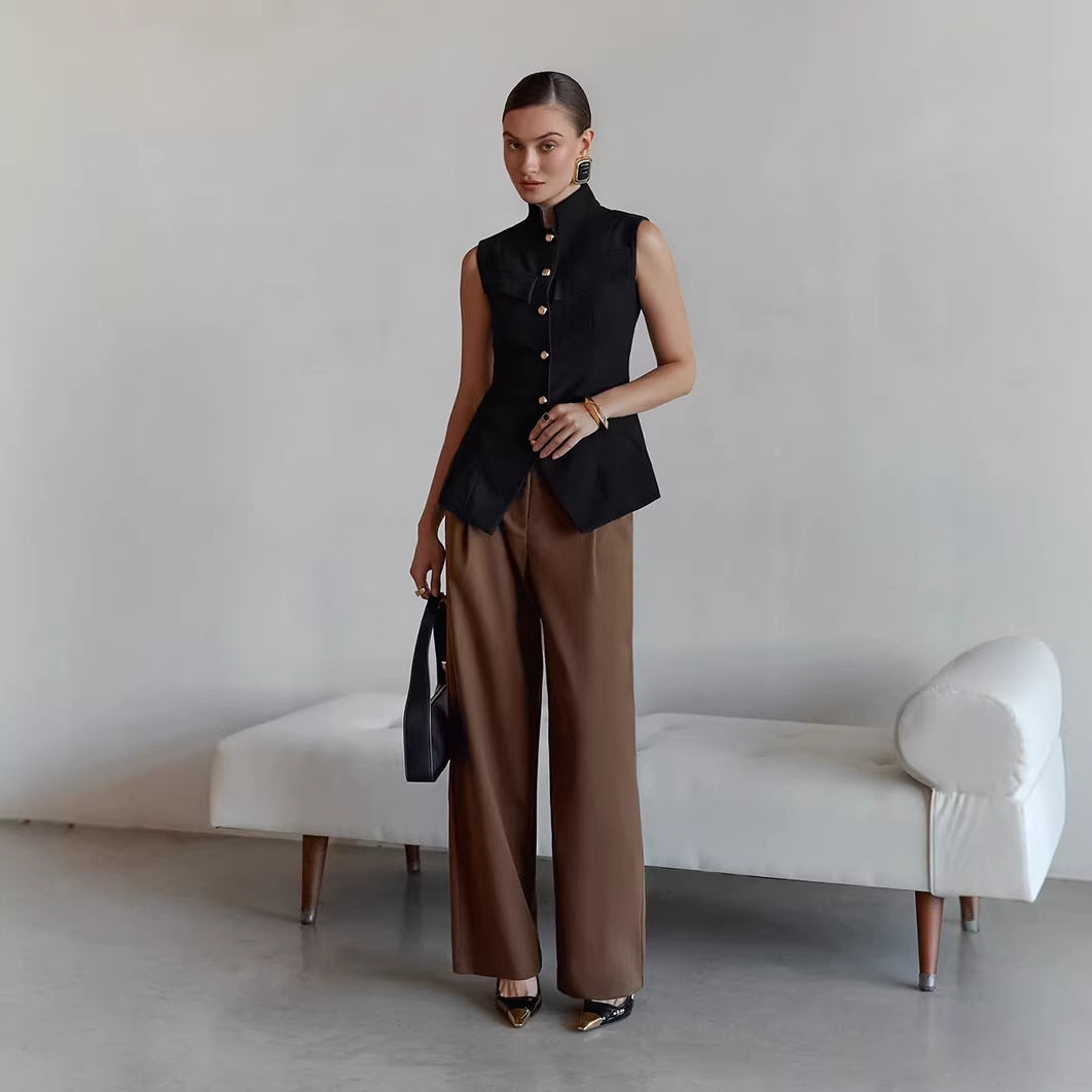 Stand Collar Breasted Sleeveless Waist Split Top Vest