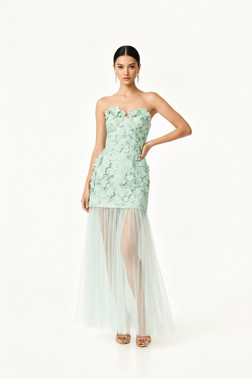 Three Dimensional Floral Heart Shaped Tube Top Stitching Mesh Maxi Dress