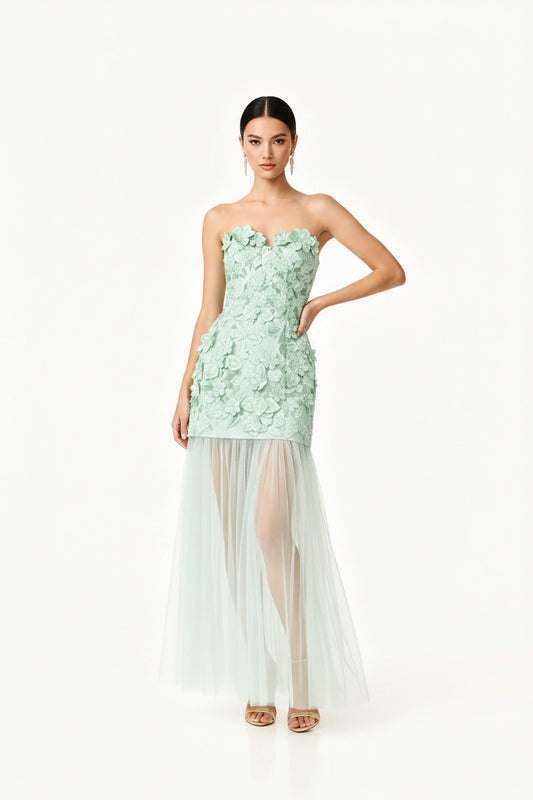 Three Dimensional Floral Heart Shaped Tube Top Stitching Mesh Maxi Dress