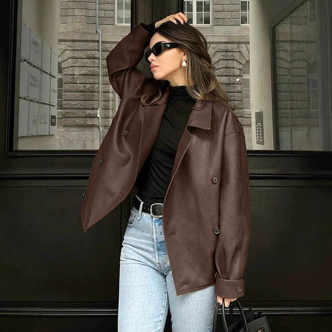 Retro Brown Leather Loose Collar Leather Jacket Coat Mid Length