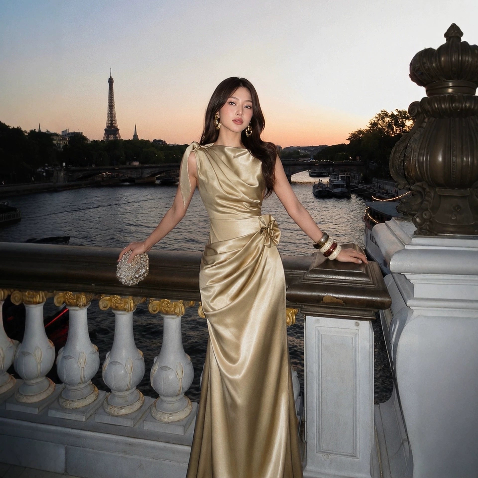 French Vintage Satin Sense Slant Shoulder Pleated