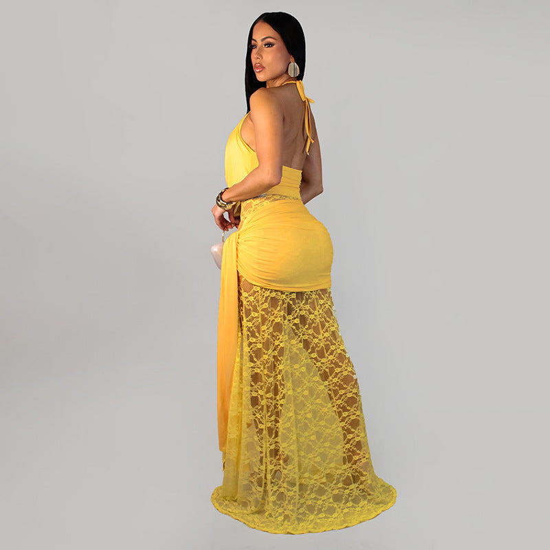 Solid Color Lace Stitching Halter Swing Collar Slit Ribbon Maxi Dress