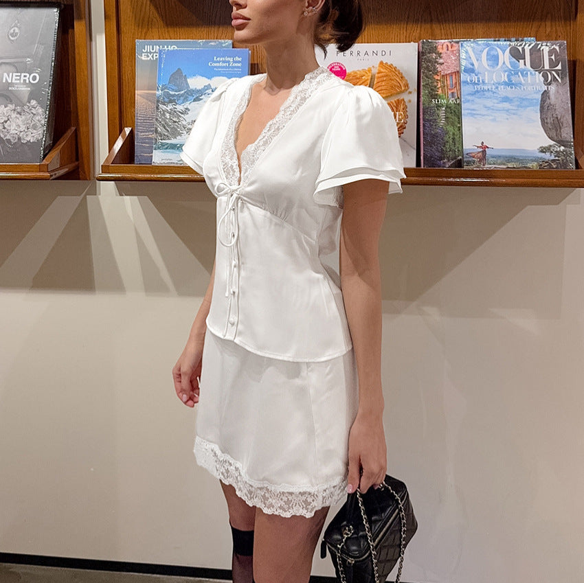 Lace V neck Waist Controlled Lace up Short Sleeves Skirt Two Piece Set