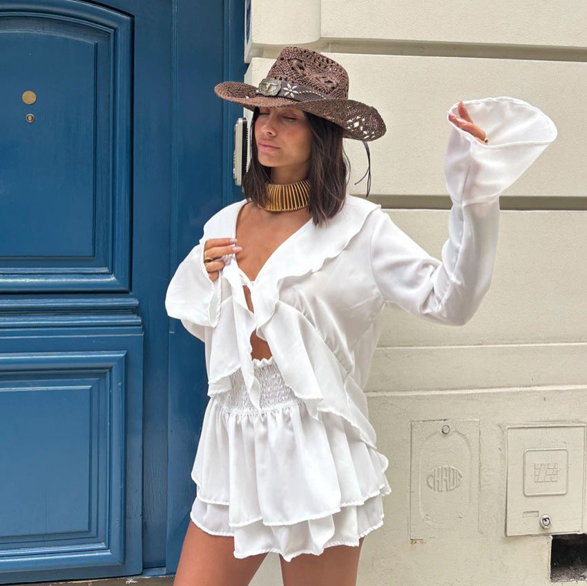 Ruffled Long Sleeve V neck Cropped Shirt Short Skirt Two Piece Set