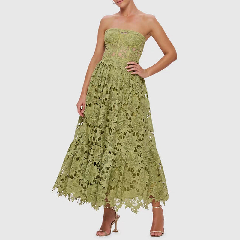 Elegant Solid Color Tube Top Maxi Dress Niche Design Embroidered Crocheted Waist Slimming Dress for Women