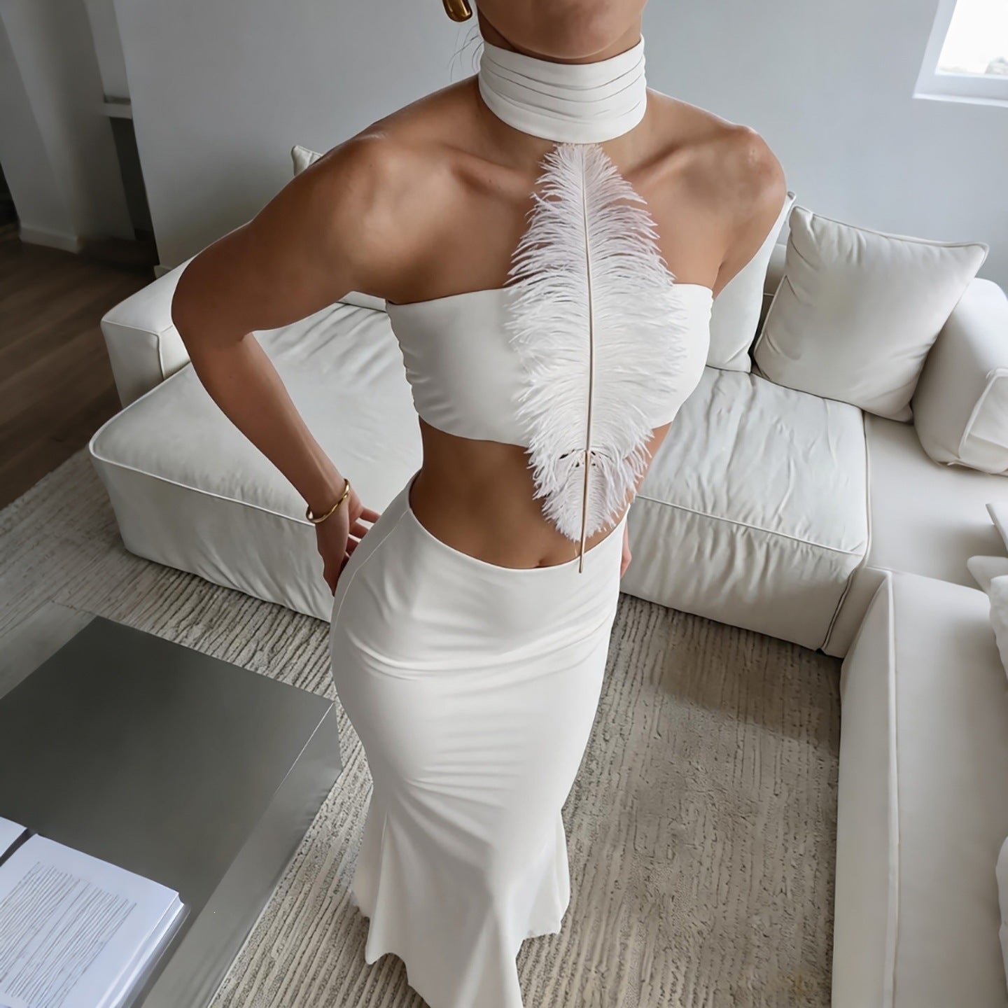 Irregular Asymmetric Turtleneck Patchwork Feather Tube Top Sexy Sheath Skirt Sets