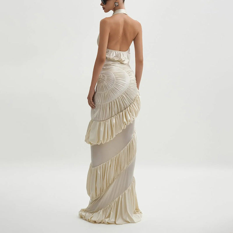 Slimming Patchwork Ruffled Irregular Asymmetric Maxi Dress Tide
