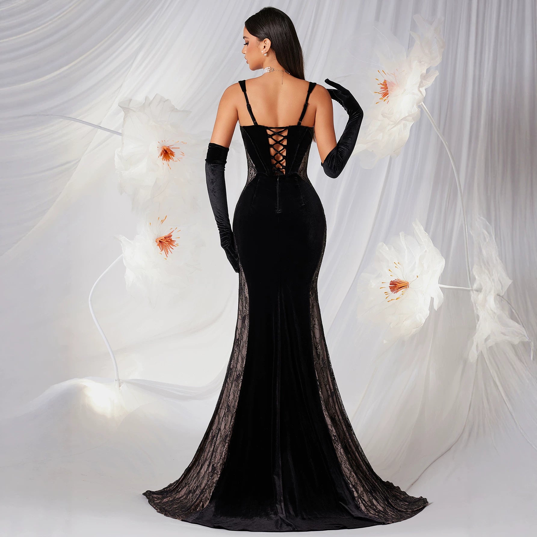 Black Velvet Lace Fishtail Evening Dress Sling Boning Corset Slim Fit Cocktail Annual Meeting Host Long Tail Dress