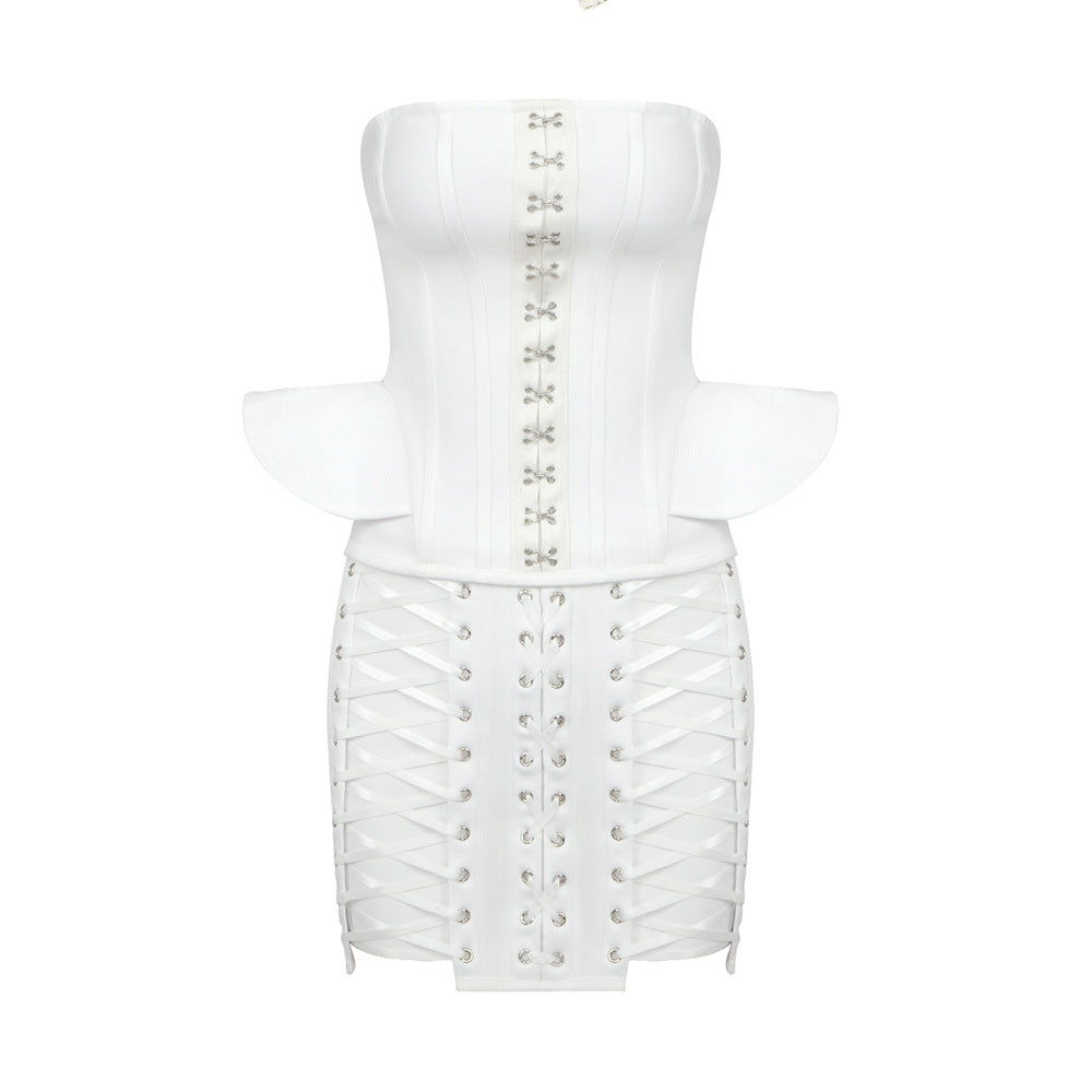 White Bra Corset Slim Fit Hip Wrapped Short Dress Cocktail Party Two Piece Set