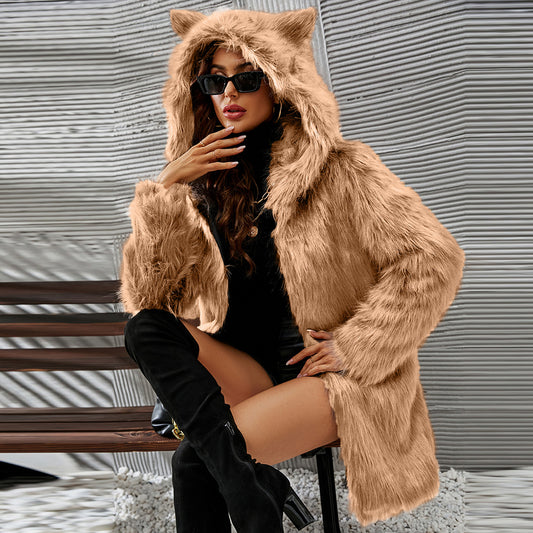 Hooded Ears Mid Length Faux Fur Coat Top