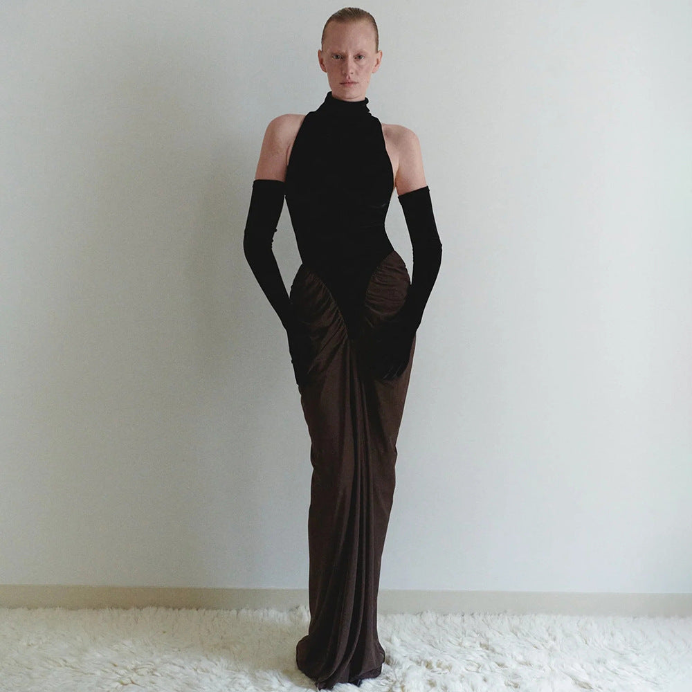 High Grade Color Matching Dress Women Summer Turtleneck Halter Backless Pleating Hip Wrapped Dress