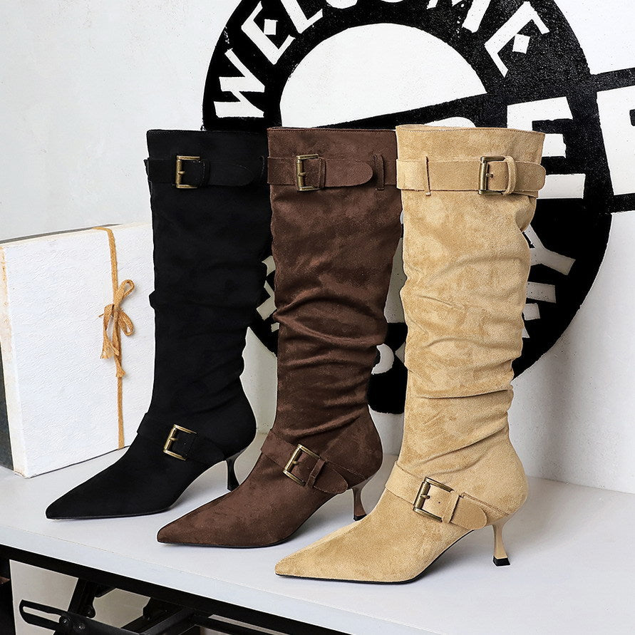 Pointed Toe Belt Buckle Pile Boots Stiletto Heel