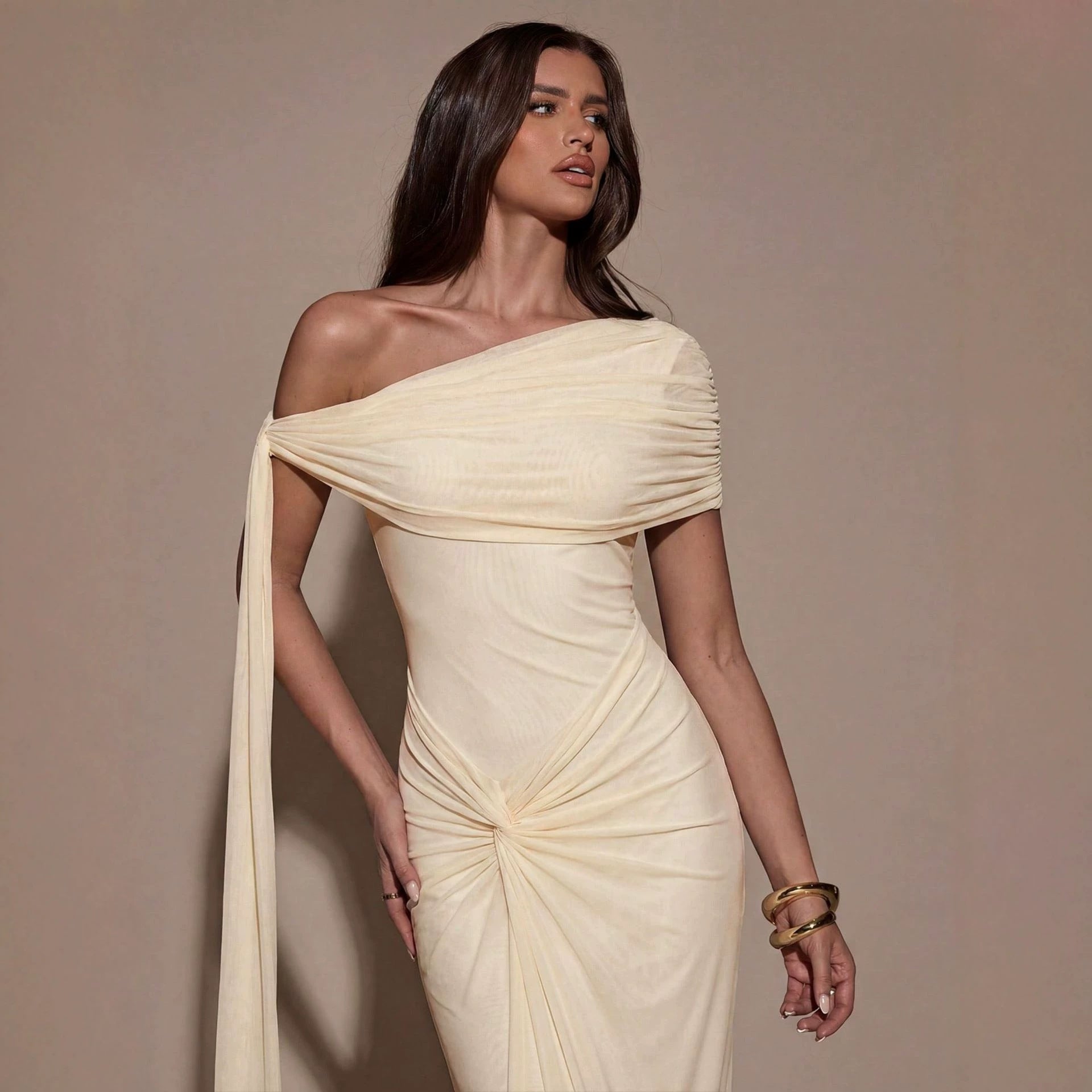 Shoulder Irregular Asymmetric Maxi Dress Pleated Slim Summer Dress
