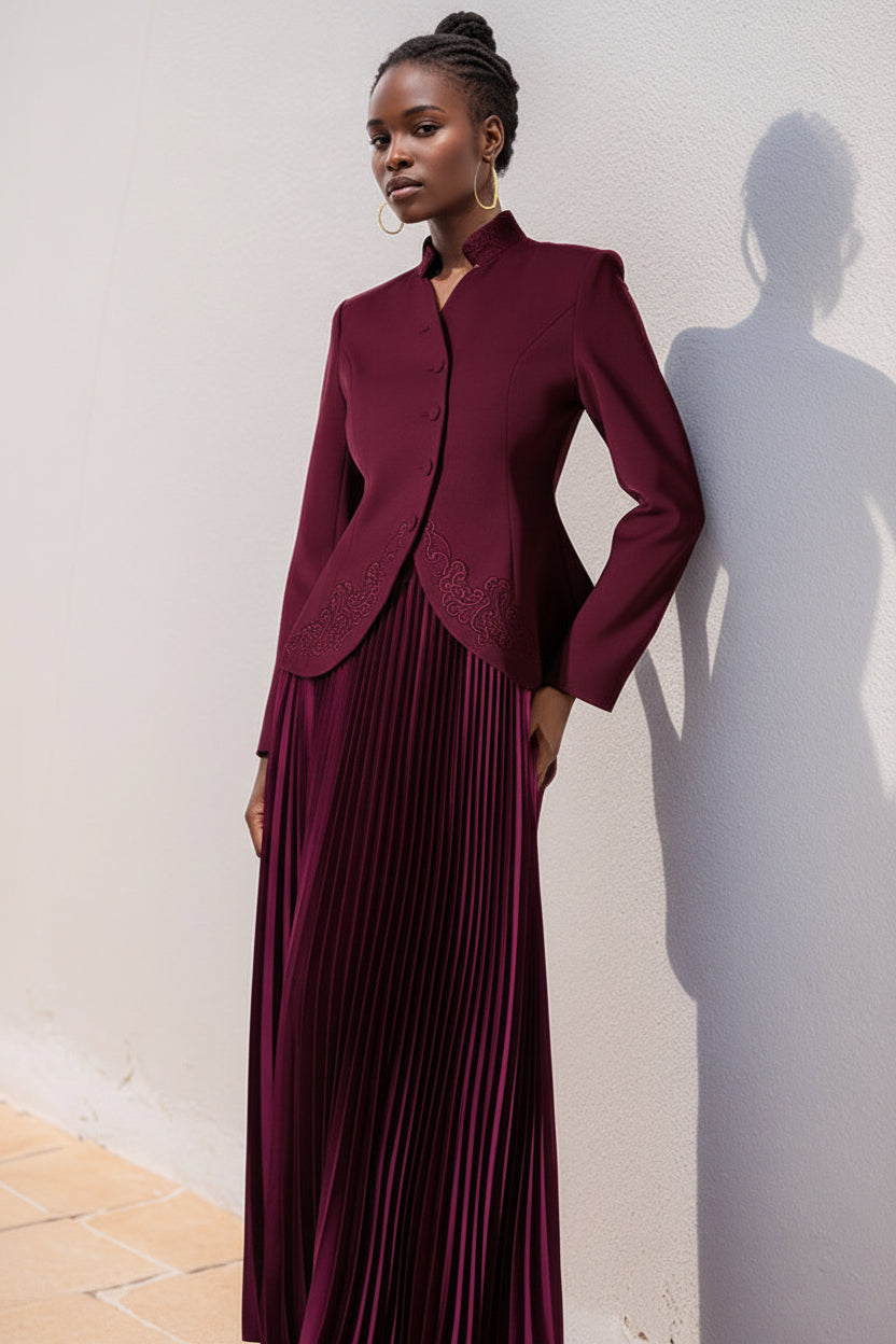 Fashionable Elegant High End Embroidered Stand Collar Single Breasted Top Pleated High Waist Skirt Sets