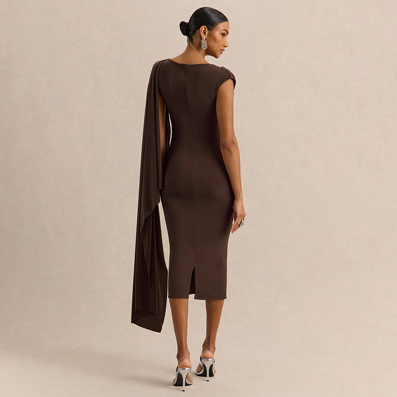 Shawl Sleeveless Irregular Asymmetric Swing Collar Slim Dress