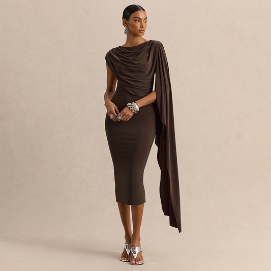 Shawl Sleeveless Irregular Asymmetric Swing Collar Slim Dress