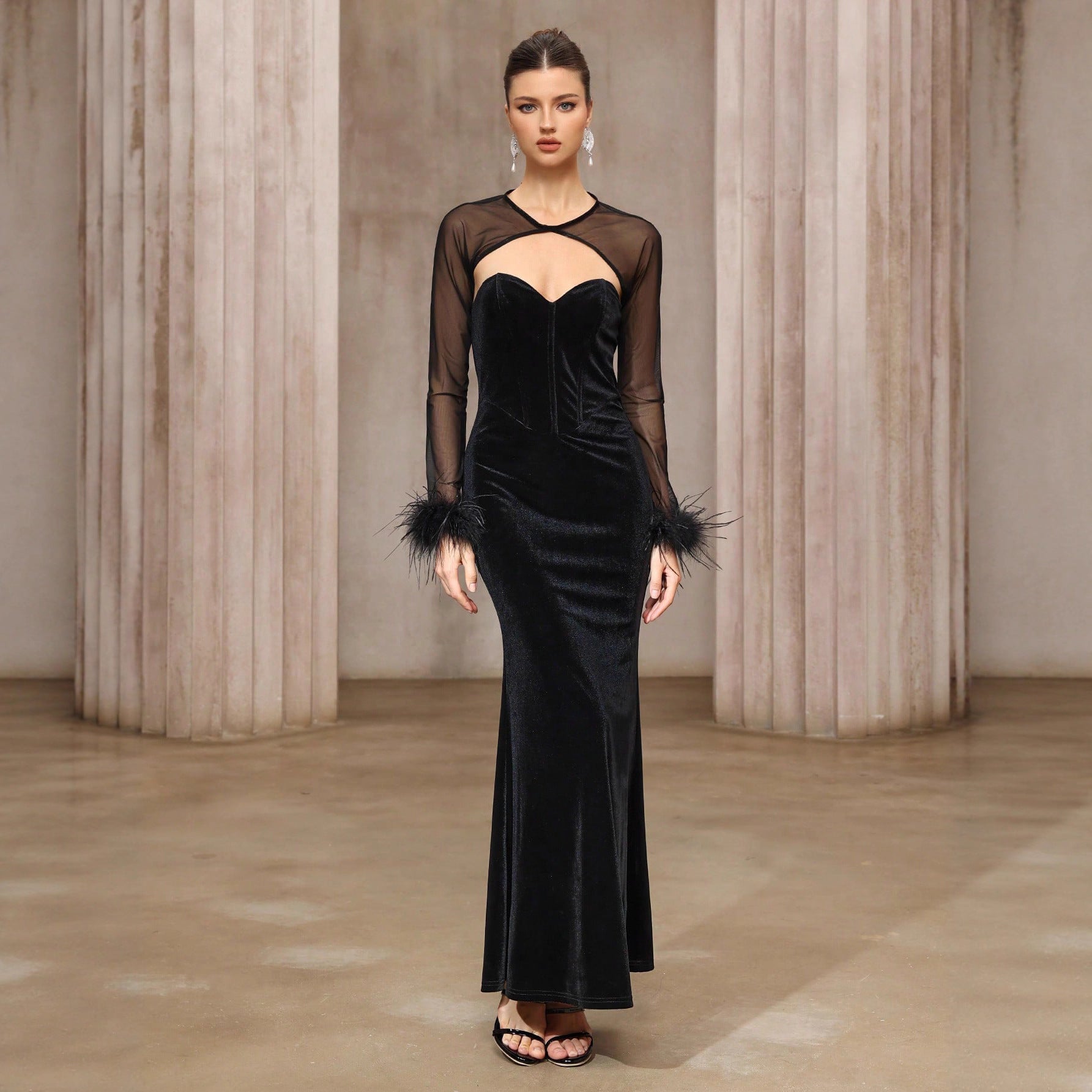 Dress Two Piece Semi Transparent Mesh Top Velvet Tube Top Dress