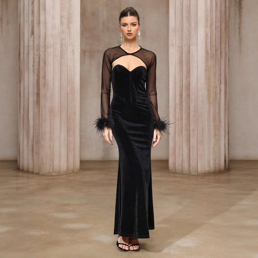 Dress Two Piece Semi Transparent Mesh Top Velvet Tube Top Dress
