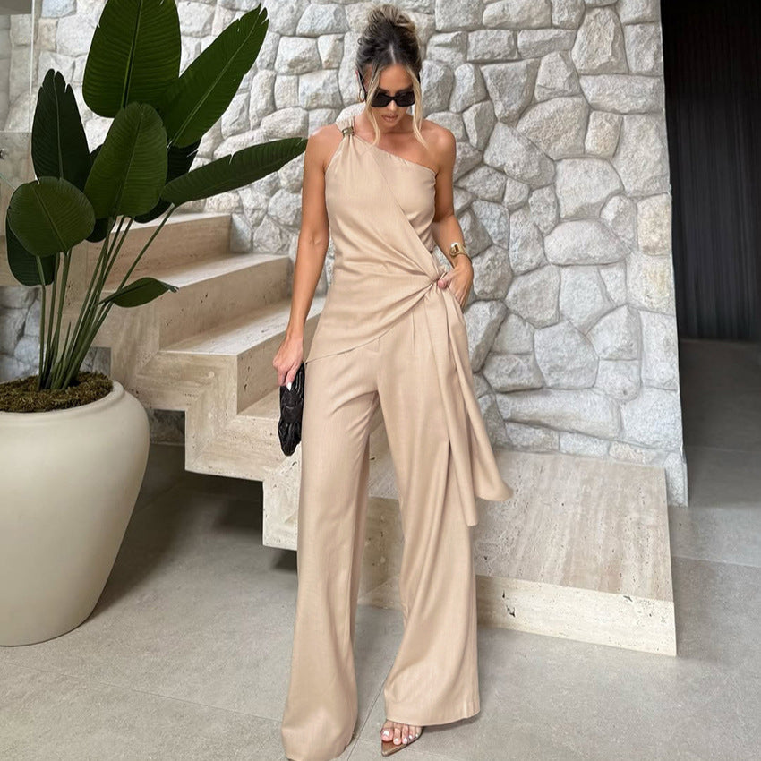 Sleeveless Lace up Vest Top High Waist Trousers Two Piece Sets