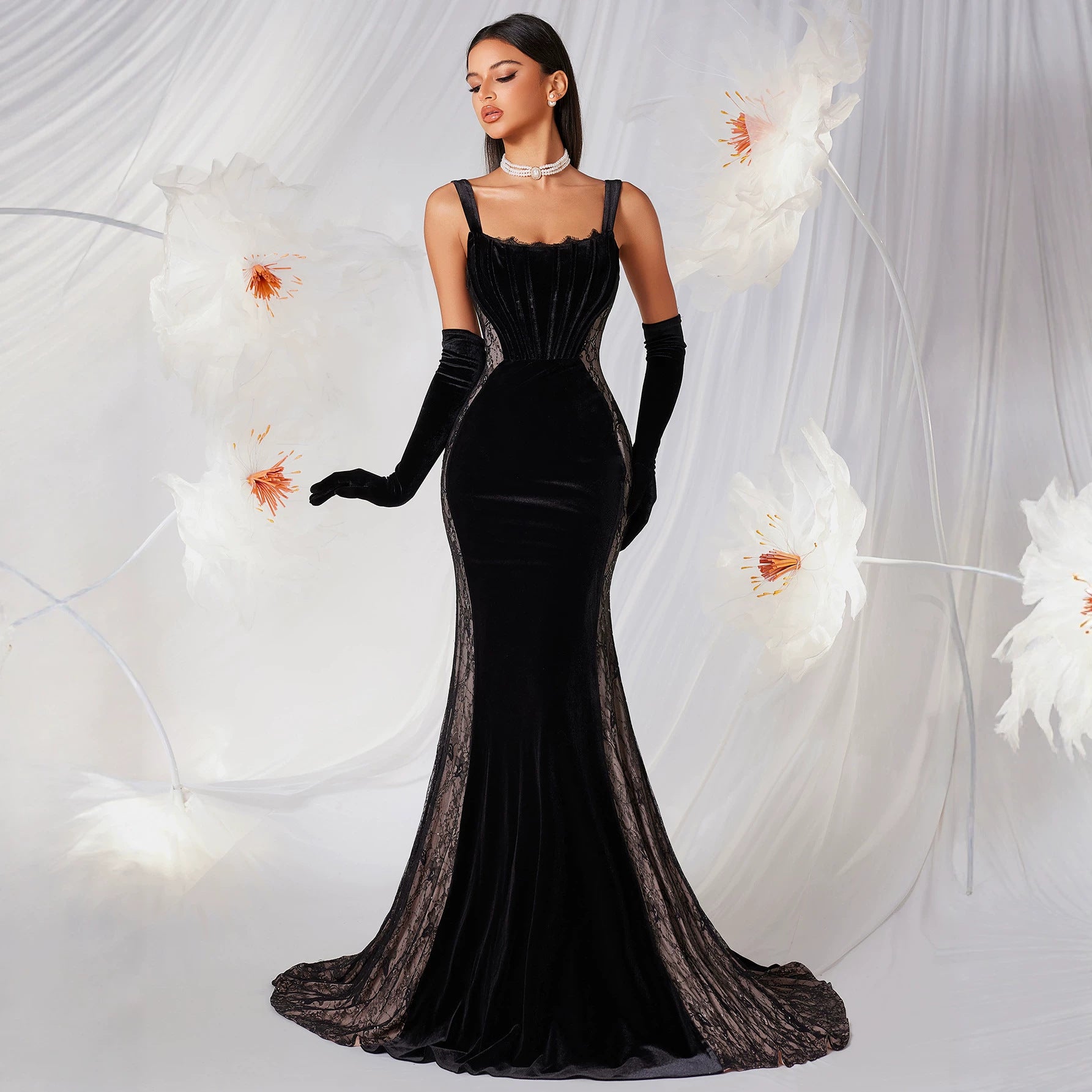 Black Velvet Lace Fishtail Evening Dress Sling Boning Corset Slim Fit Cocktail Annual Meeting Host Long Tail Dress